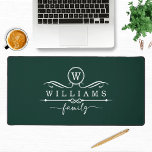 Monogram Custom Family Name Green White Script Schreibtischunterlage<br><div class="desc">Monogram Custom Family Name Green White Script Desk Mats verfügt über ein Monogramm und einen personalisierten Familiennamen in eleganter weißer Schriftzeichen-Typografie auf dunkelgrünem Hintergrund. Das perfekte Geschenk für Familie und Freunde zum Geburtstag,  Weihnachten,  Vatertag,  Muttertag,  Großeltern,  Ehefrau,  Ehemann,  Mutter,  Vater und mehr. Entworfen von ©Evco Studio www.zazzle.com/store/evcostudio</div>