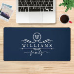 Monogram Custom Family Name White Script Schreibtischunterlage<br><div class="desc">Monogram Custom Family Name White Script Desk Mats verfügt über ein Monogramm und einen personalisierten Familiennamen in eleganter weißer Schriftzeichen-Typografie auf dunkelblauem Hintergrund. Das perfekte Geschenk für Familie und Freunde zum Geburtstag,  Weihnachten,  Vatertag,  Muttertag,  Großeltern,  Ehefrau,  Ehemann,  Mutter,  Vater und mehr. Entworfen von ©Evco Studio www.zazzle.com/store/evcostudio</div>