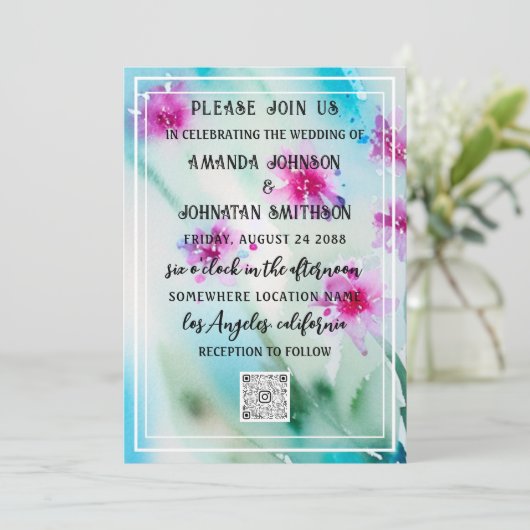 Monogram Custom Foto QR Code Blue Pink Meadow Einladung (Stehend Vorderseite)