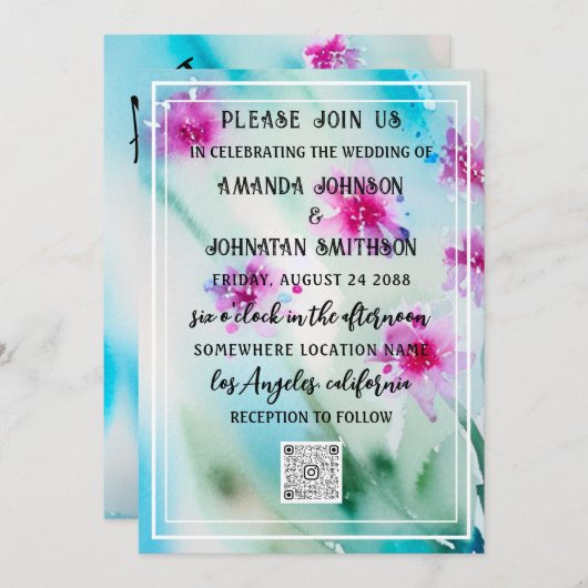 Monogram Custom Foto QR Code Blue Pink Meadow Einladung (Vorne/Hinten)