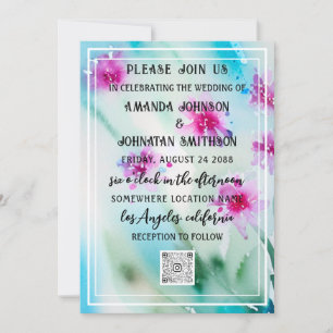 Monogram Custom Foto QR Code Blue Pink Meadow Einladung