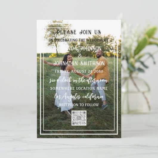 Monogram Custom Foto QR Code Gerahmt grün Einladung (Stehend Vorderseite)