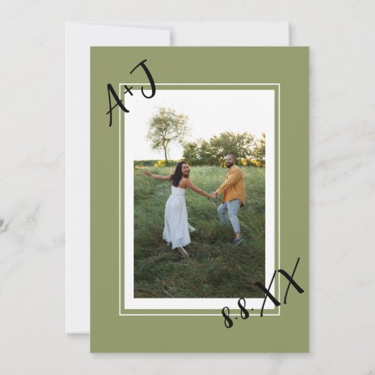 Monogram Custom Foto QR Code Gerahmt grün Einladung (Rückseite)