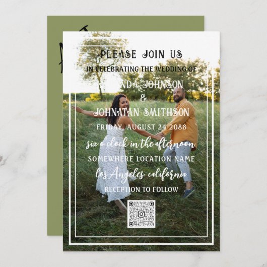 Monogram Custom Foto QR Code Gerahmt grün Einladung (Vorne/Hinten)