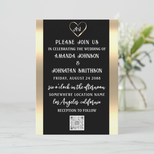 Monogram Custom Foto QR Code Gold Black Einladung (Stehend Vorderseite)