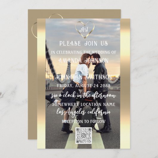 Monogram Custom Foto QR Code Gold Grau Einladung (Vorne/Hinten)