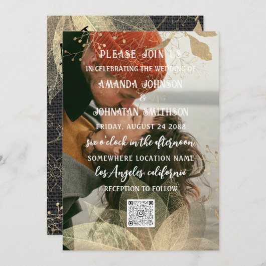 Monogram Custom Foto QR Code Golden Liner Einladung (Vorne/Hinten)
