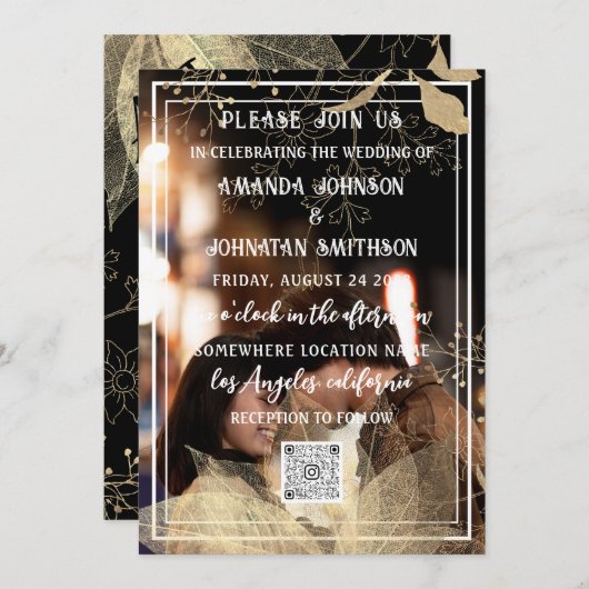 Monogram Custom Foto QR Code Schwarz-weiß floral Einladung (Vorne/Hinten)