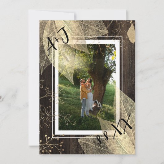 Monogram Custom Foto QR Code Woodland Gold Green Einladung (Rückseite)