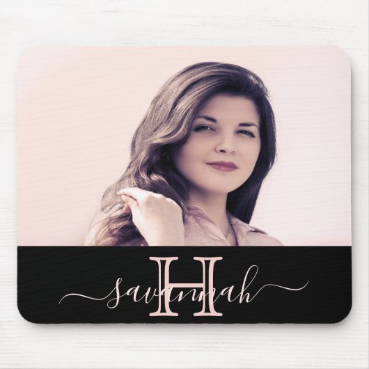 Monogram custom Foto schwarz rosa gold elegant Mousepad (Vorne)