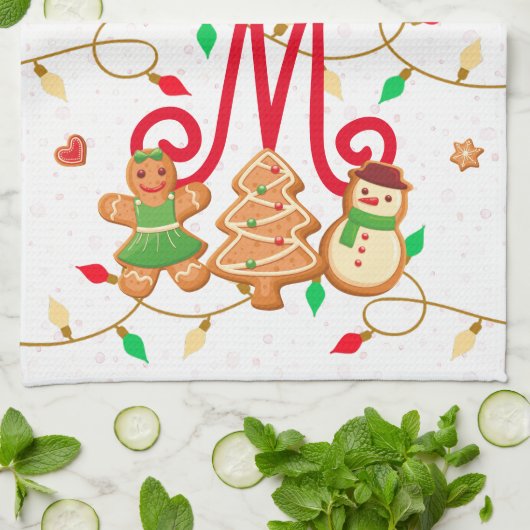 Monogram Custom Gingerbrett Red Geschirrtuch (Gefaltet)