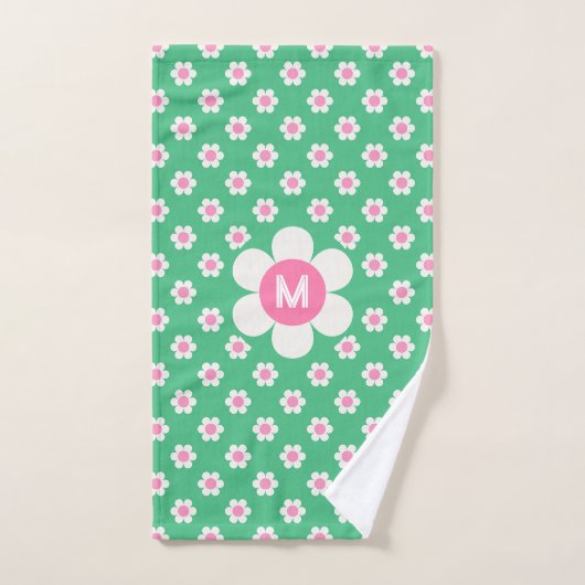 Monogram Custom Retro Daisies Pink und Green Badhandtuch Set (Handtuch)