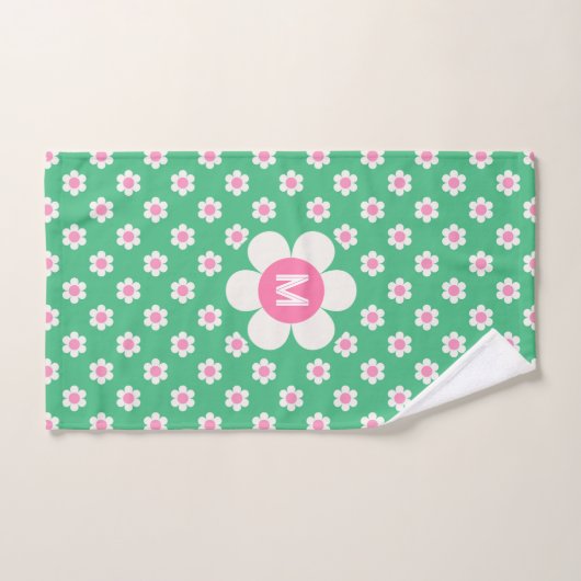 Monogram Custom Retro Daisies Pink und Green Badhandtuch Set (Handtuch)