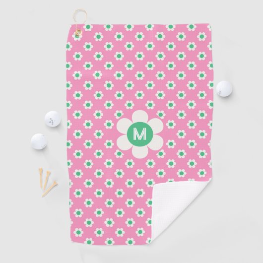 Monogram Custom Retro Daisies Pink und Green Golf Golfhandtuch (Insitu)