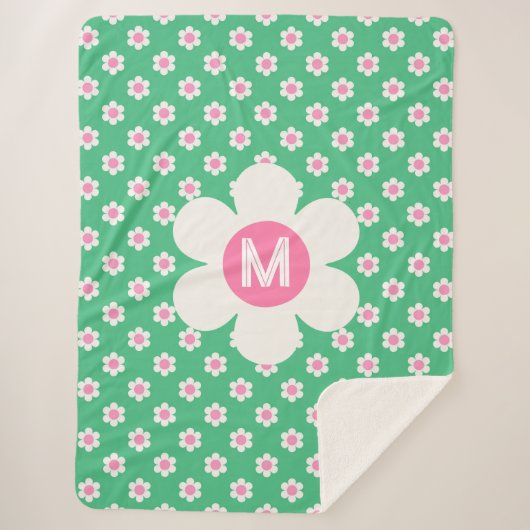 Monogram Custom Retro Daisies Pink und Green Sherpadecke (Vorderseite)