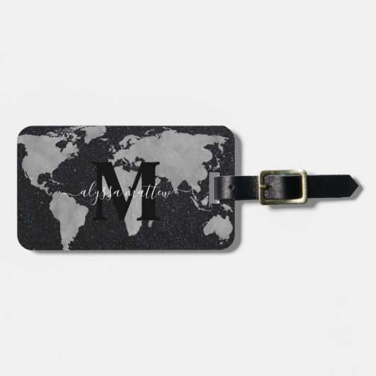 Monogram Custom World Map Black Glitzer Custom Gepäckanhänger (Vorderseite horizontal)