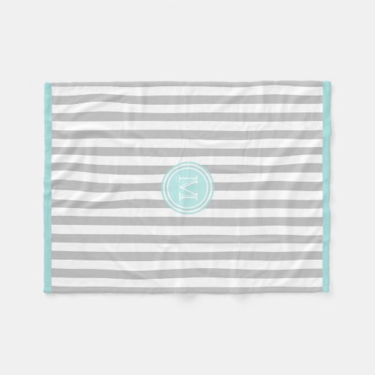 Monogram Cyan Gray & White Striping Fleece Blanket (Vorderseite (Horizontal))