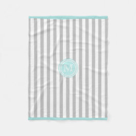 Monogram Cyan Gray & White Striping Fleece Blanket