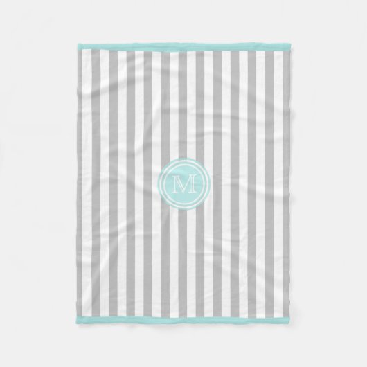 Monogram Cyan Gray & White Striping Fleece Blanket (Vorderseite)