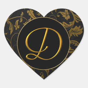 Monogram D Gold and Black Damask Wedding Siegel Herz-Aufkleber