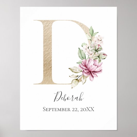 Monogram D Pink White Floral Gold Letter Kinderzim Poster (Vorne)