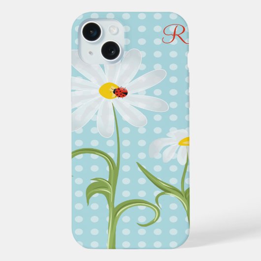 Monogram Daisies und Lady Bug Polka Dot Blue iPhone Hülle (Rückseite)