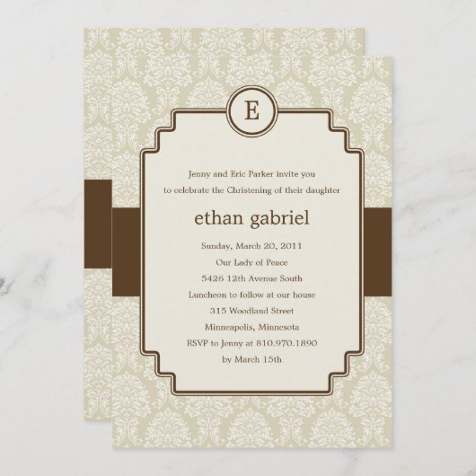 Monogram Damask Baptisse/Christening Invite - brau Einladung (Vorne/Hinten)