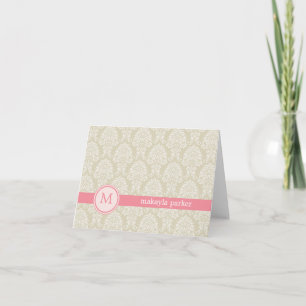 Monogram Damask Danke-Karte - Pink