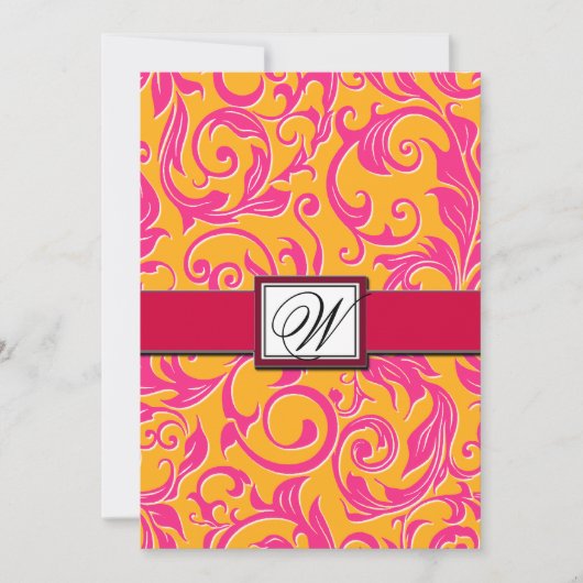 Monogram Damask Orange & Pink Hochzeitseinladungen Einladung (Vorderseite)