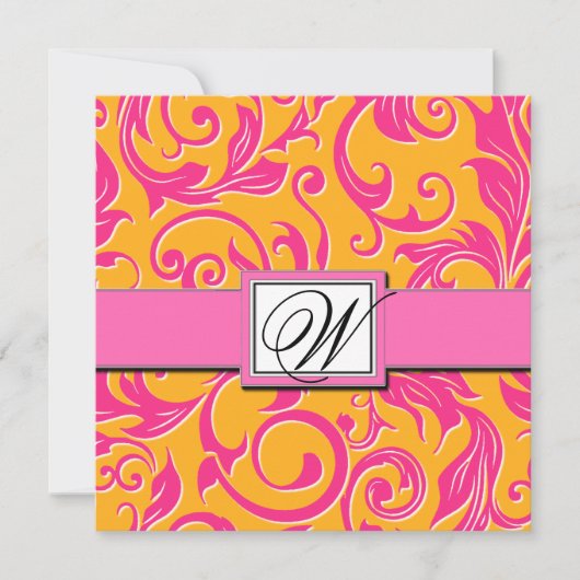 Monogram Damask Orange & Pink Hochzeitseinladungen Einladung (Vorderseite)