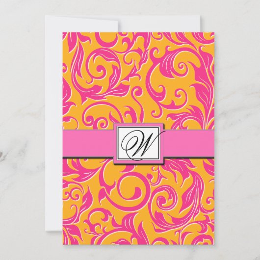 Monogram Damask Orange & Pink Hochzeitseinladungen Einladung (Vorderseite)