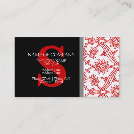 Monogram Damask Red Black Gray Gray Stylish Modern Visitenkarte (Vorderseite)