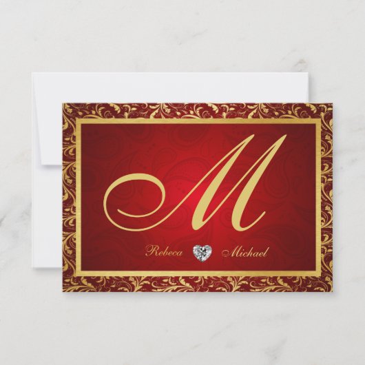 Monogram Damask Red/Gold RSVP Cards (Vorderseite)