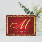 Monogram Damask Red/Gold RSVP Cards (Stehend Vorderseite)