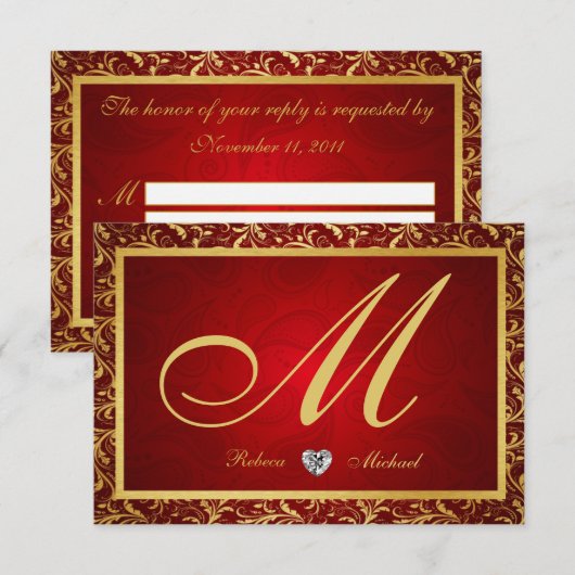 Monogram Damask Red/Gold RSVP Cards (Vorne/Hinten)