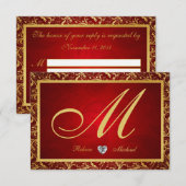 Monogram Damask Red/Gold RSVP Cards Karte (Vorne/Hinten)