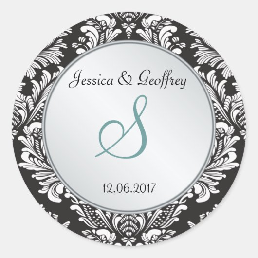 Monogram Damask Schwarz-weißer Hochzeitsticker Runder Aufkleber (Vorderseite)
