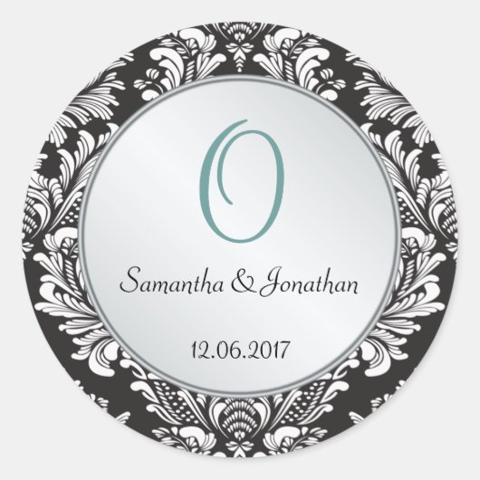 Monogram Damask Schwarz-weißer Hochzeitsticker Runder Aufkleber (Vorderseite)