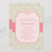 Monogram Damask Taufen/Christening Invite - Rosa Einladung (Vorne/Hinten)