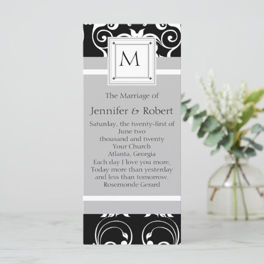 Monogram Damask Wedding Program Programm (Stehend Vorderseite)