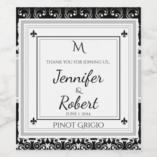 Monogram Damask Wedelwine Flaschenetikett Weinetikett (Einzelnes Label)