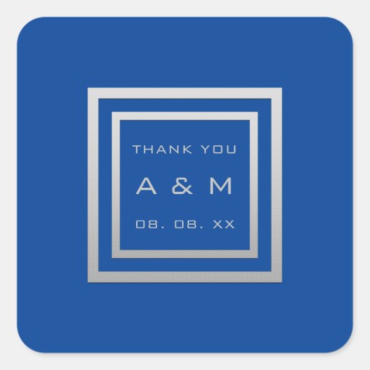 Monogram danke Gray Frame Silver Wedding Royal Blu Quadratischer Aufkleber (Vorderseite)