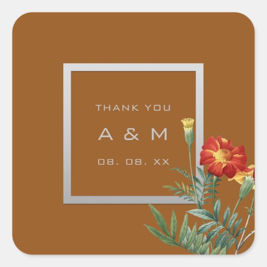 Monogram Dankeschön Graurahmen Silver Floral Brown Quadratischer Aufkleber (Vorderseite)
