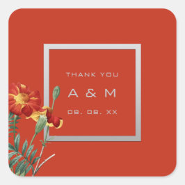 Monogram Dankeschön Graurahmen Silver Floral Coral Quadratischer Aufkleber