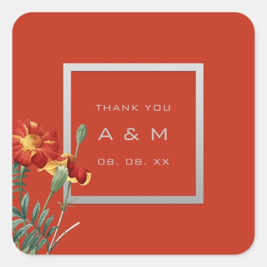 Monogram Dankeschön Graurahmen Silver Floral Coral Quadratischer Aufkleber (Vorderseite)