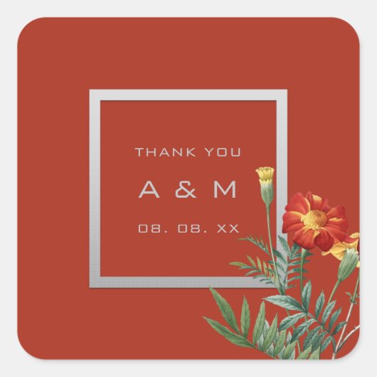 Monogram Dankeschön Graurahmen Silver Floral Coral Quadratischer Aufkleber (Vorderseite)