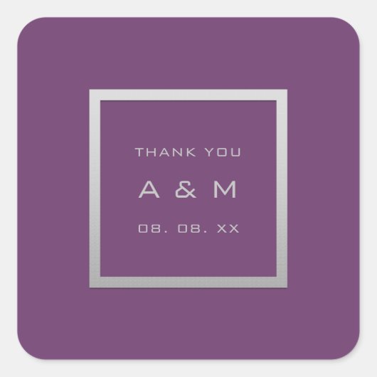 Monogram Dankeschön Graurahmen Silver Wedding Lila Quadratischer Aufkleber (Vorderseite)