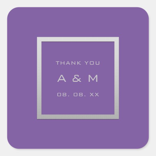 Monogram Dankeschön Graurahmen Silver Wedding Lila Quadratischer Aufkleber (Vorderseite)