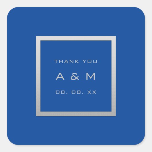 Monogram Dankeschön Gray Frame Silver Wedding Blue Quadratischer Aufkleber (Vorderseite)