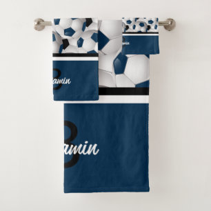 Monogram Dark Blue Black Soccer Ball Pattern Badhandtuch Set